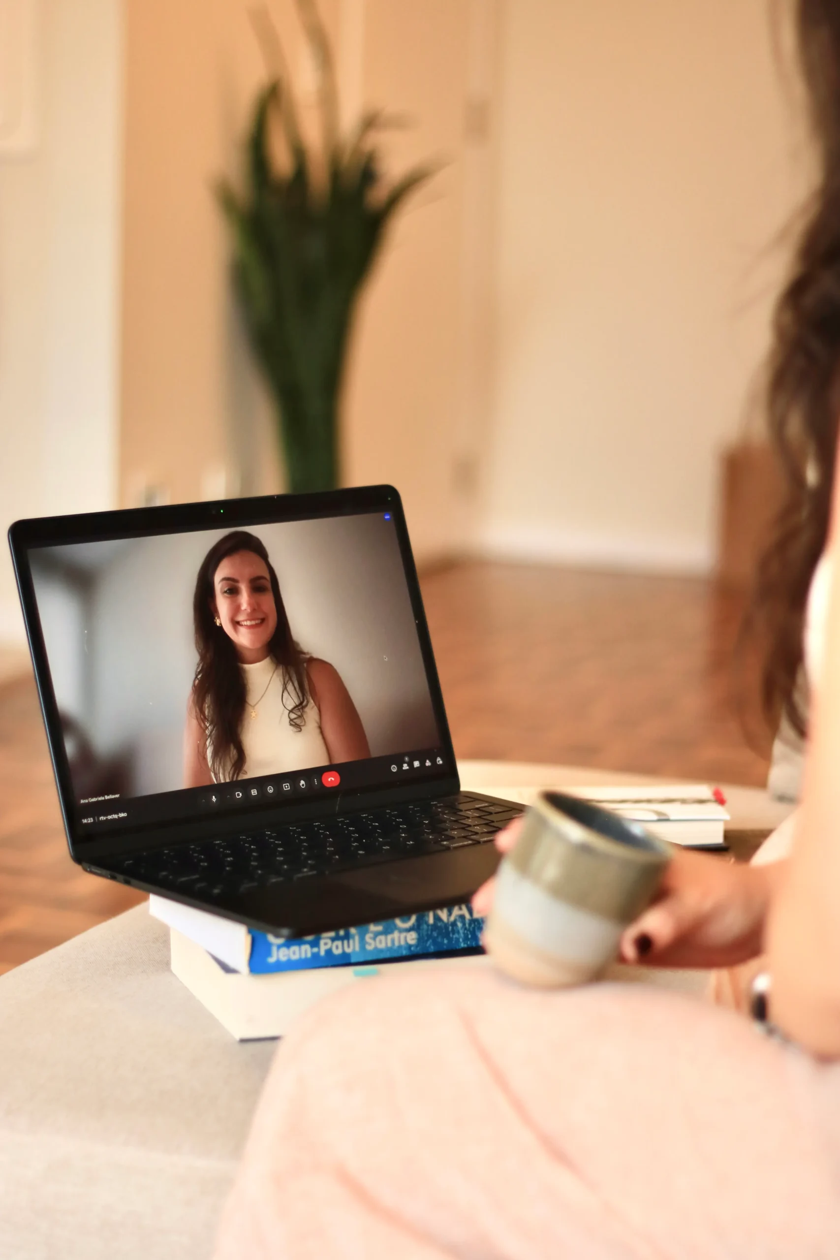 Atendimento psicológico online com Ana Gabriela Bellaver, psicóloga especialista em saúde mental e sentido da vida, com livros de Jean-Paul Sartre ao fundo, simbolizando a base existencial da prática clínica.